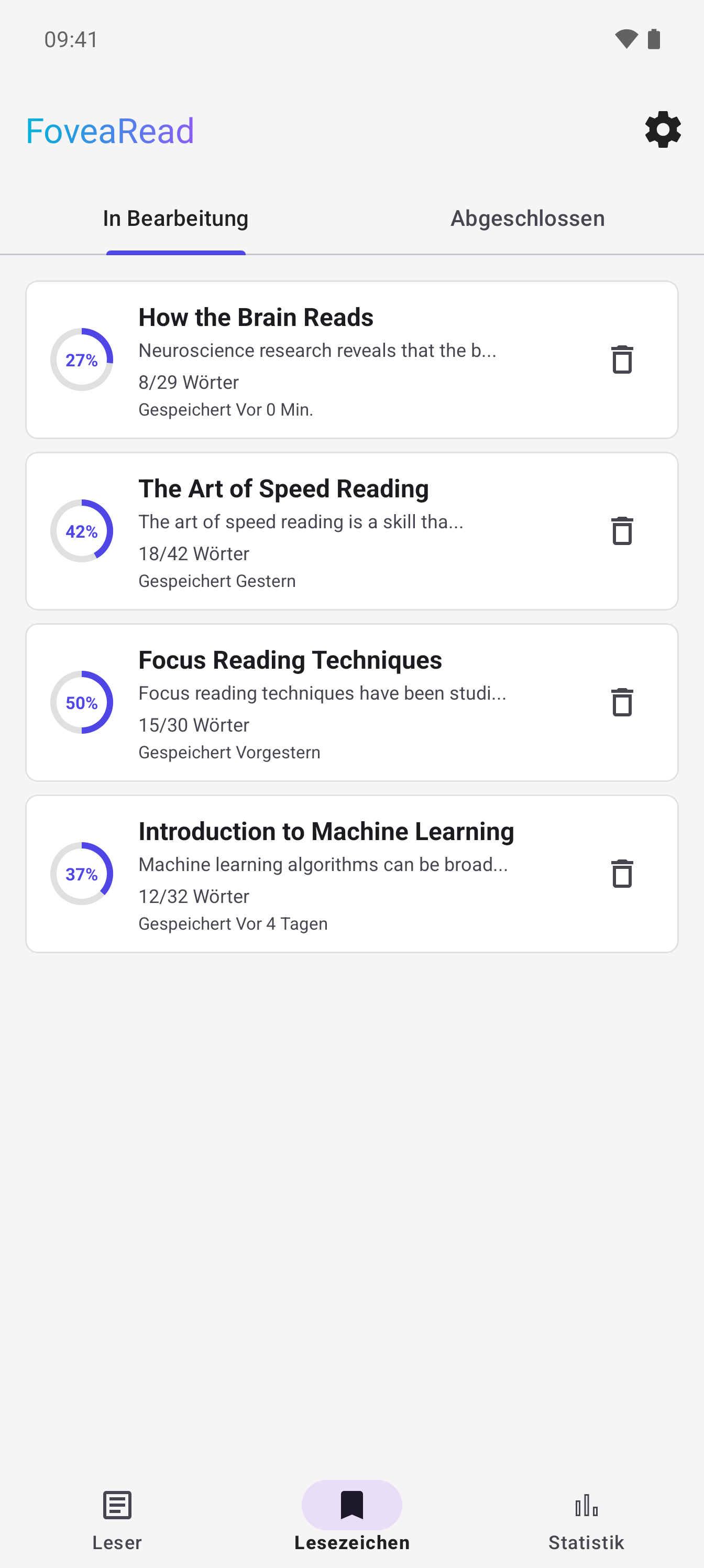 FoveaRead Bookmark-Liste mit Quellen
