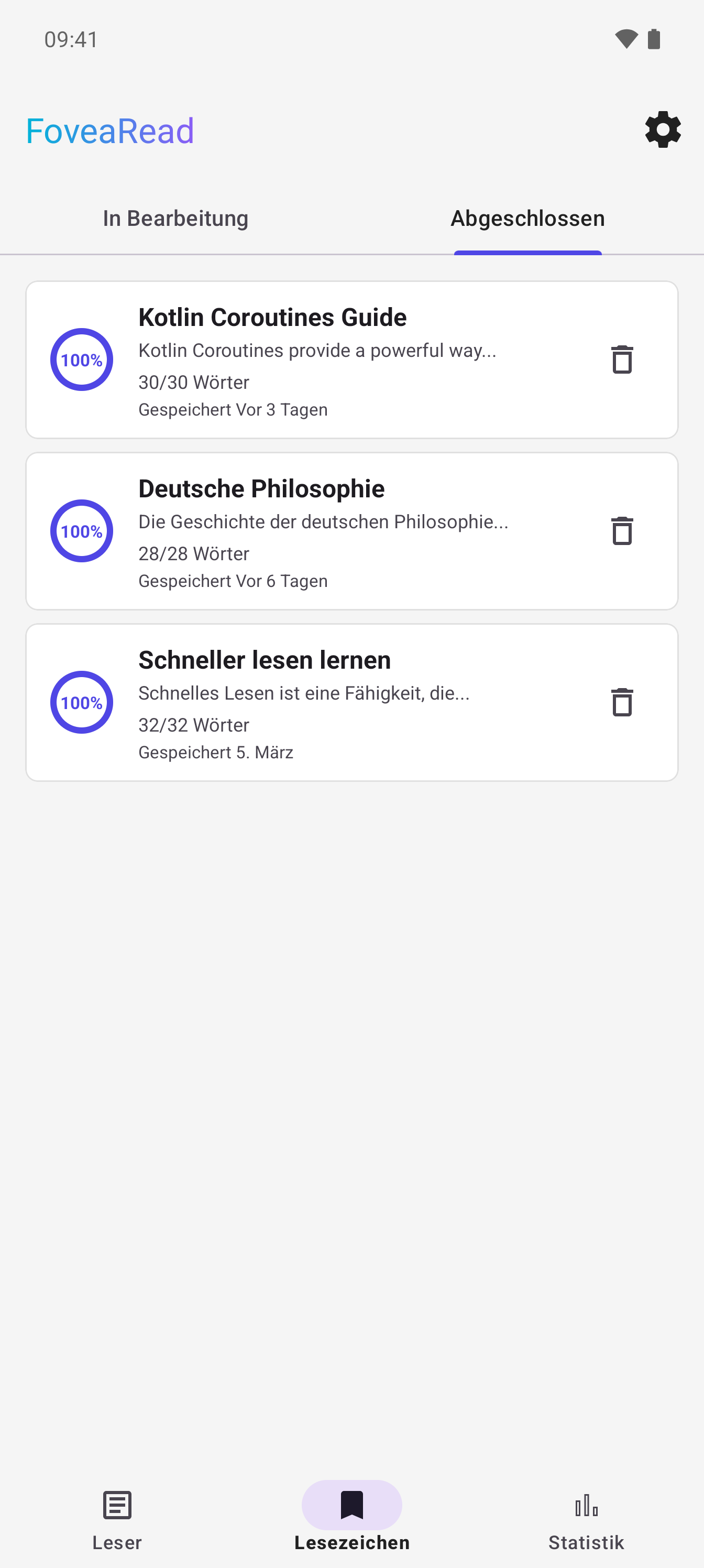 FoveaRead Leseliste mit abgeschlossenen Artikeln
