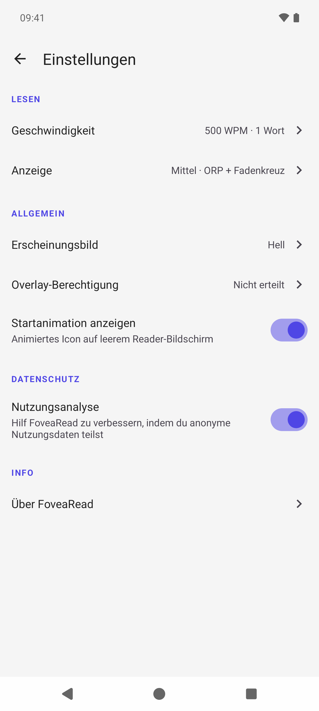 FoveaRead Datenschutz-Einstellungen mit deaktivierbarer Nutzungsanalyse
